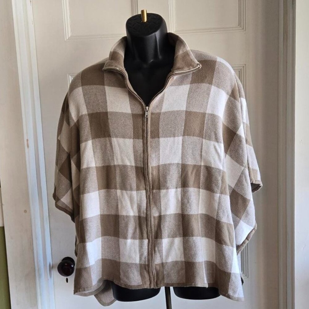Preswick & Moore Womens XL Plaid Full Zip Poncho Cardigan Tan & White